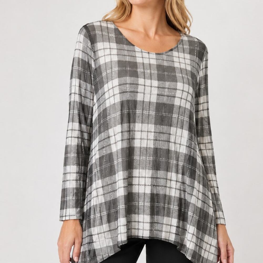 Reina Lee Medium Sheer Mesh Top A line Black Plaid Long sleeve Lagenlook